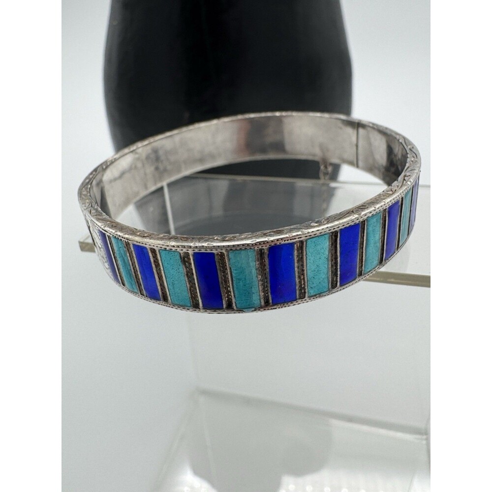 VINTAGE STERLING 925 Blue Green Aqua ENAMEL HINGEd BRACELET Bangle Clasp Closure - Picture 4 of 10